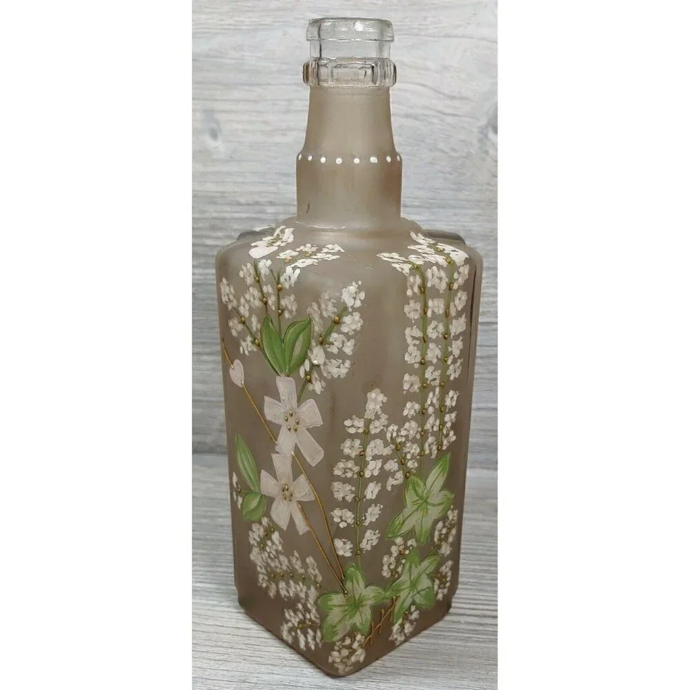 Japanese Glass Decanter Bottle Hand Painted Cherry Blossom Floral Design Vintage